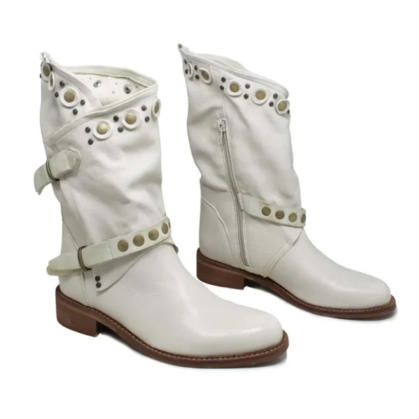 Stivali Estivi | Bikers Estivi | Personal Stivali Biker Boots con borchie e due cinturini "DALIA" - Lavato Beige