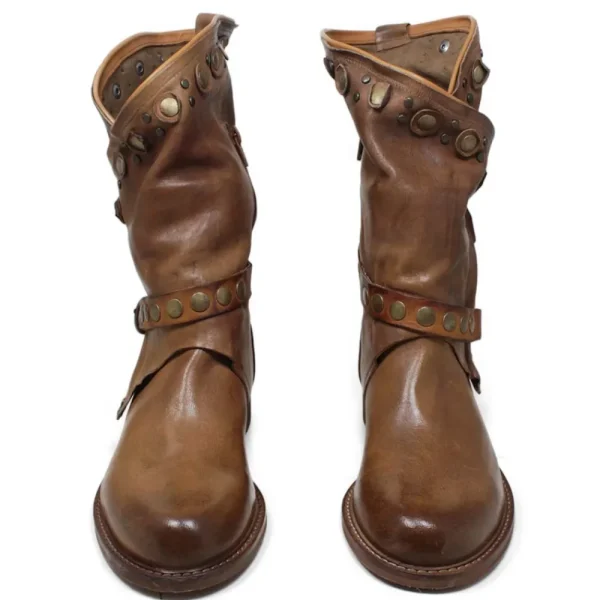 Bikers Estivi | Stivali Estivi | Personal Stivali Biker Boots con borchie e due cinturini "DALIA" - Lavato Cuoio