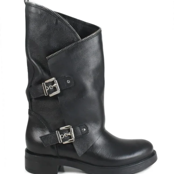 Stivali Invernali | Bikers Invernali | In Time Stivali Biker Boots con due fibbie e cerniera "MTA" - Pelle Nero