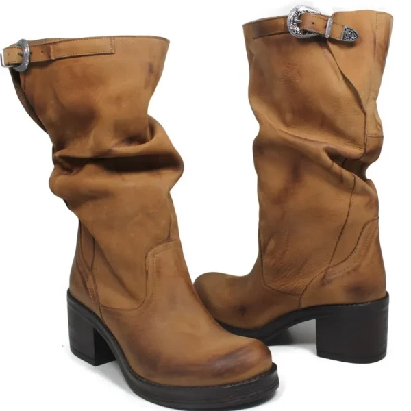 Stivali Con Tacco | Stivali Invernali | In Time Stivali Biker Boots Medi con Tacco "58/M" - Cuoio