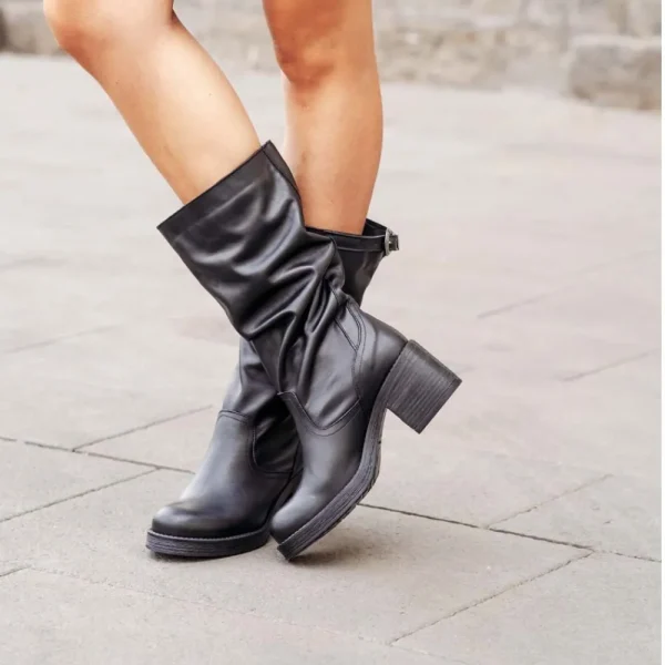 Stivali Con Tacco | Stivali Invernali | In Time Stivali Biker Boots Medi con Tacco "58/M" - Pelle Nero