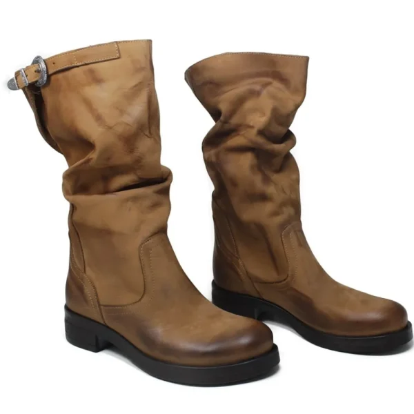 Stivali Invernali | Bikers Invernali | In Time Stivali Biker Boots Metà Polpaccio "NOA/M" - Nabuk Cuoio