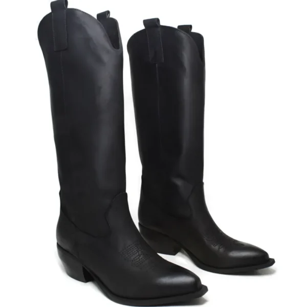 Stivali Con Tacco | Stivali Texani | Personal Stivali Camperos Texani Alti con Ricamo "RIM" - Pelle Ingrassata Nero