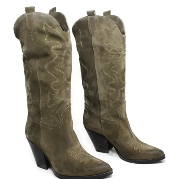 Stivali Con Tacco | Stivali Texani | Personal Stivali Texani Camperos Ricamati con tacco "Leyla" - Camoscio Taupe
